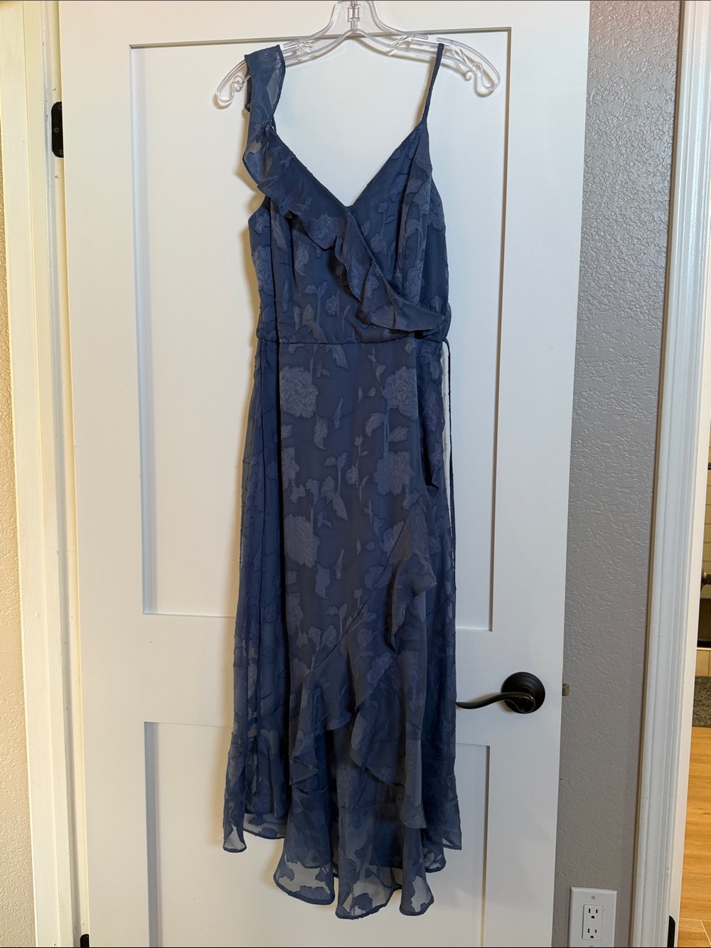Smoky Blue Floral Ruffle Midi Dress - Women's